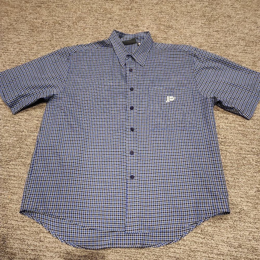 Paco button down short sleeve blue/black/white size large PTP 26in length 31 in